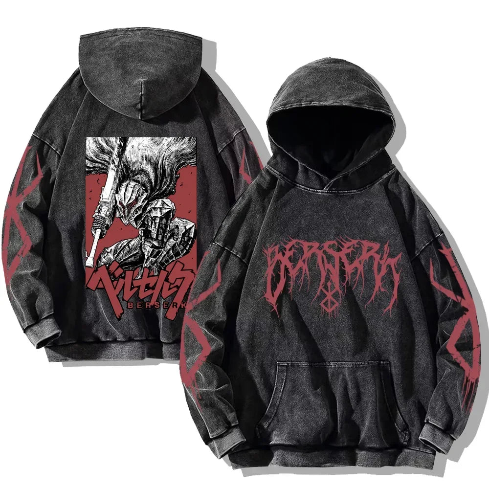 Vintage Anime Washed Hoodies Cotton Men Women Retro Long Sleeve Pullover Casual Oversized Hooded Sweatshirts Hip Hop Streetwear