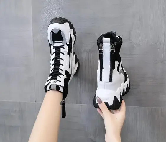 2024 Women Thick Sole Ankle Boots Autumn Luxury Platform Casual Boots Women's 8cm High Heels Wedge Boots Shoes Woman Sneakers