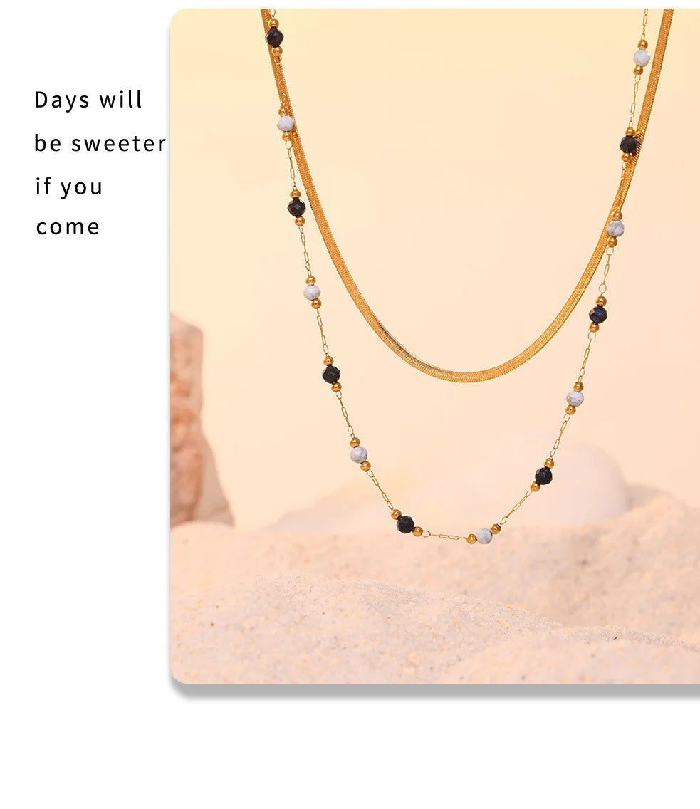 Women's Necklace Natural Stone Handmade Bead Double-layer Layered Collarbone Chain Stainless Steel Jewelry