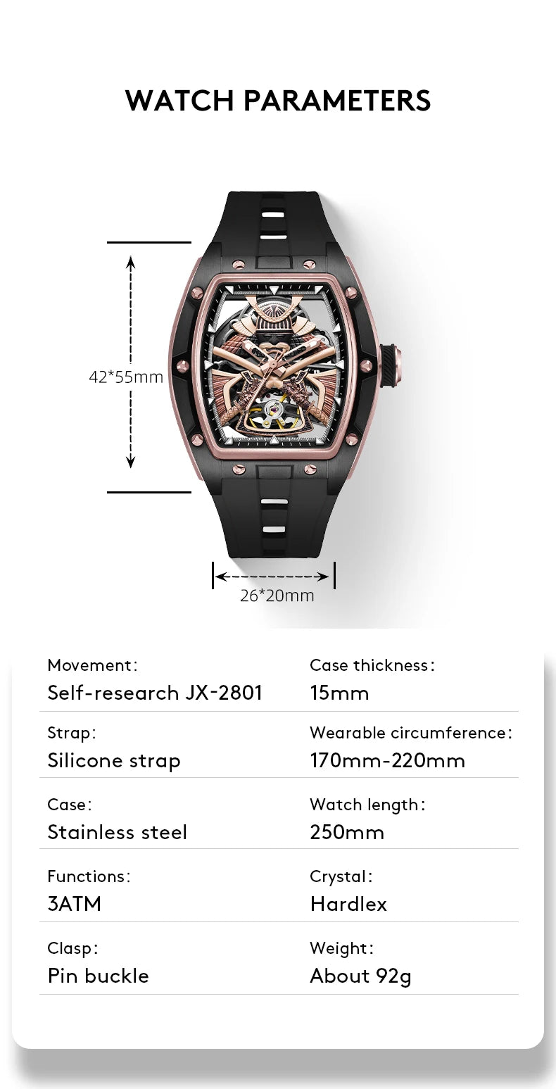 Automatic Movement Mechanical Watches for Men Fashion Black-warrior Hollow High Quality Waterproof Mens Watch Reloj Hombre