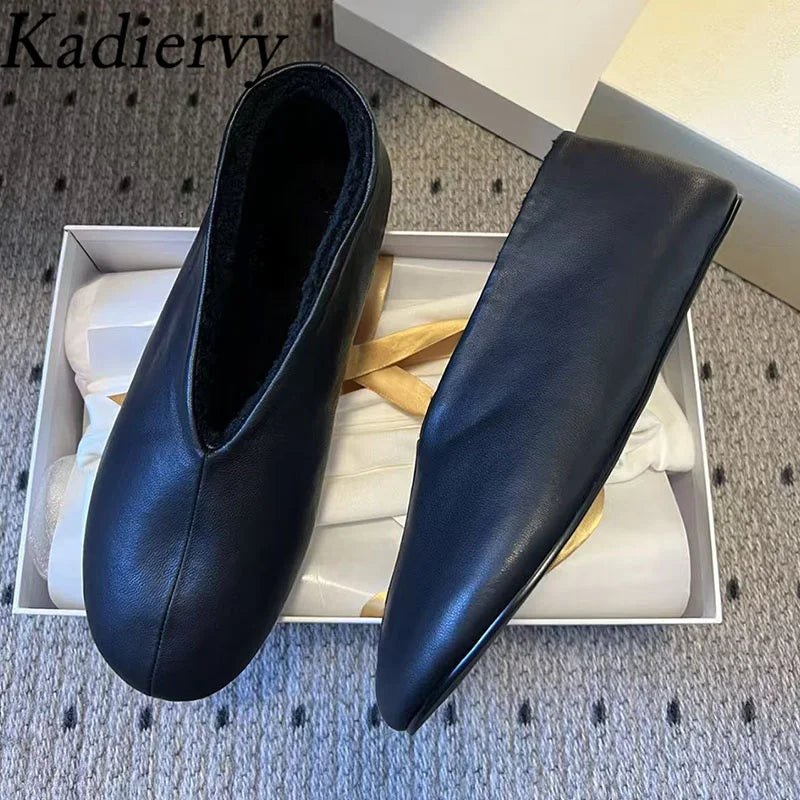 Winter Shoes Woman Genuine Leather Round Toe Slip-on Loafers Woman Casual Comfy Walk Shoes Wool Warm Flat Short Boots Women