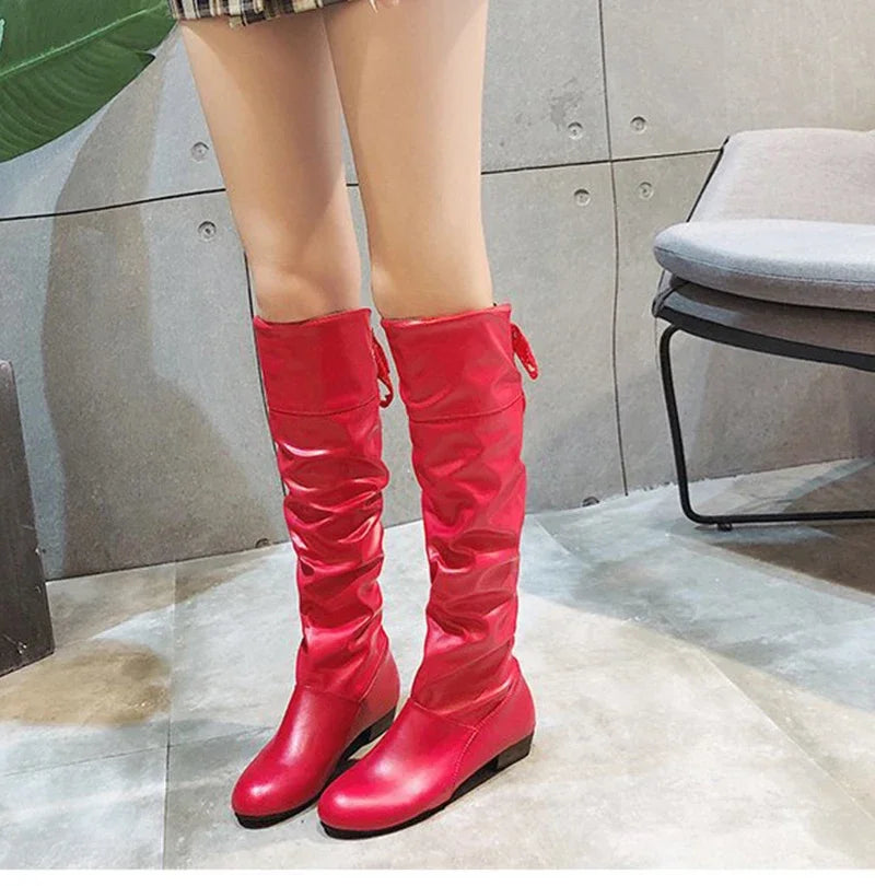 Shoes For Women  Knee High Boots Red Black White Tall Boots Woman Pleated Low Heel Casual Leather Female Long Shoes