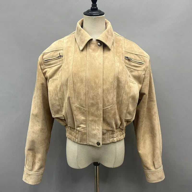 2025A Lady's Fashion Real Suede Jacket Genuine Goatskin Suede Bomber Jacket Oversize Leather Coat Women's Suit