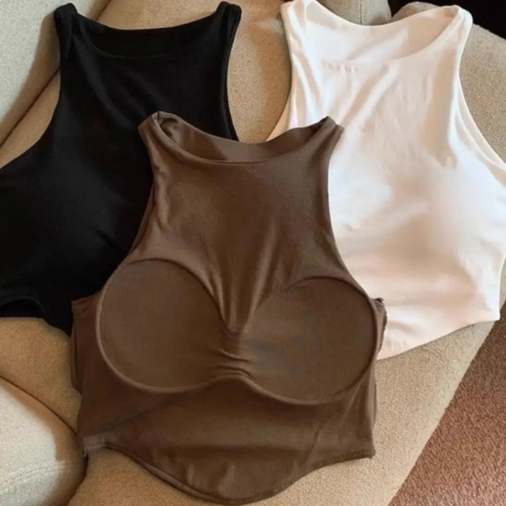 Summer Women Tank Tops Solid Color Camisole with padded Bra sexy Off Shoulder O Neck Elastic Tank Top Casual Sport Vest