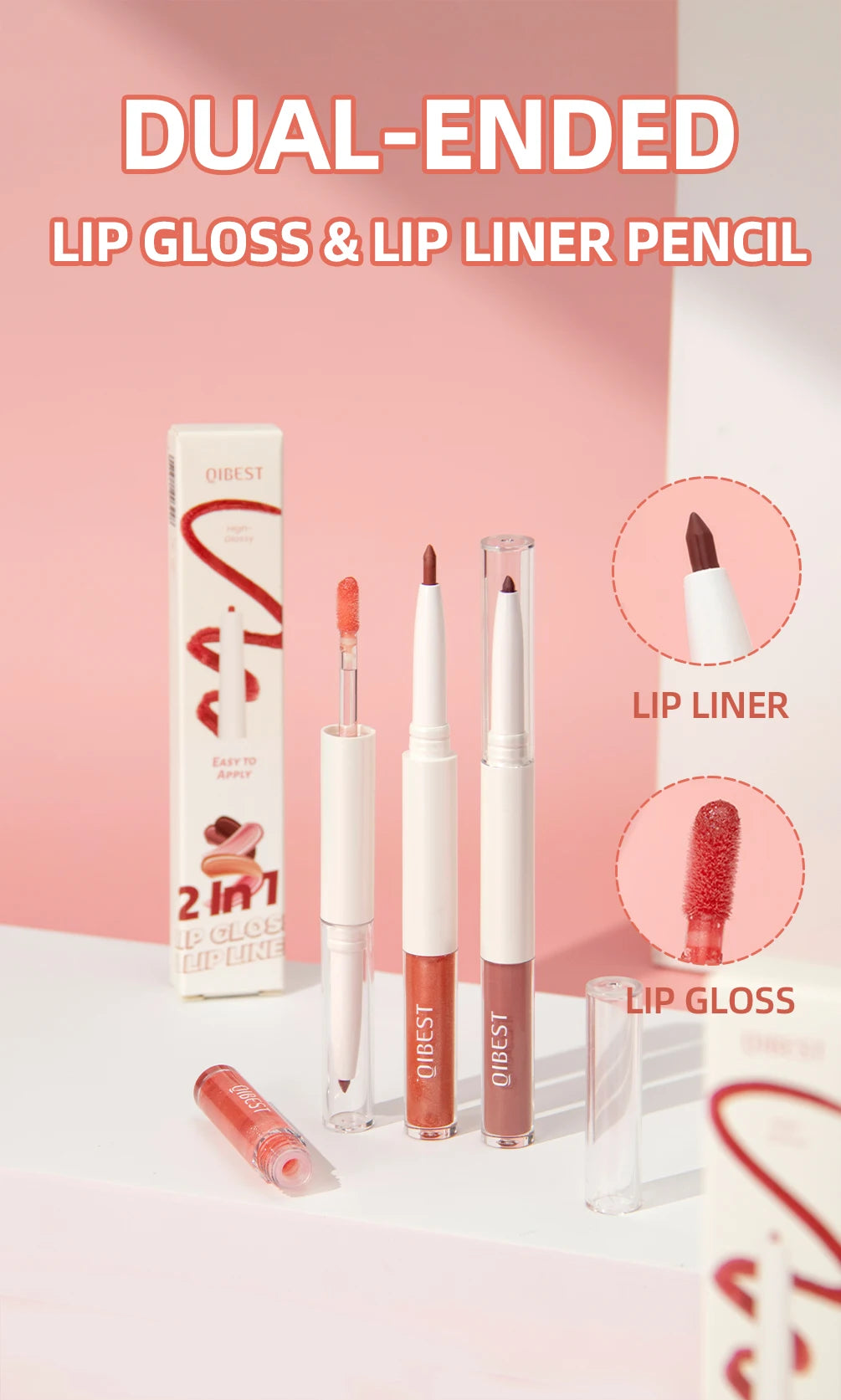 QIBEST Double Head Mirror Lip Glaze Lipliner Pen Water Light Lipgloss Makeup 2 in 1 Stick Matte Velvet Lip Liner Contour Pencil