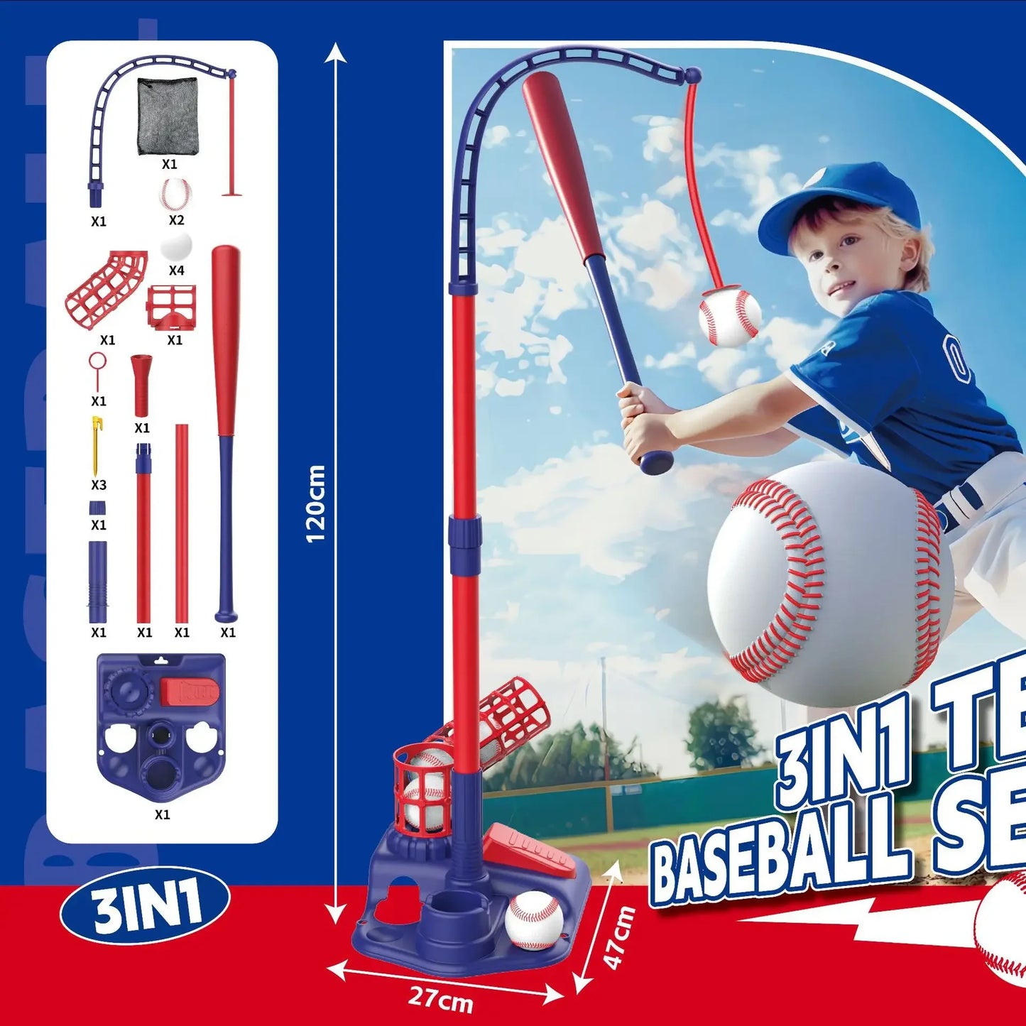 Baseall Set for Kids Indoor Outdoor Sport Toy 3-in-1 Baseball Set with Pitching Machine Adjustable Teeball Batting Toys for Boys