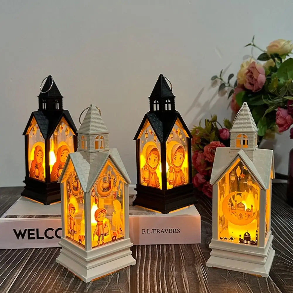 Moon Castle Eid Mubarak Candle Lamp Plastic Elegant Ramadan Wind Lantern Festival LED Portable Lamp Holiday Party Supplies