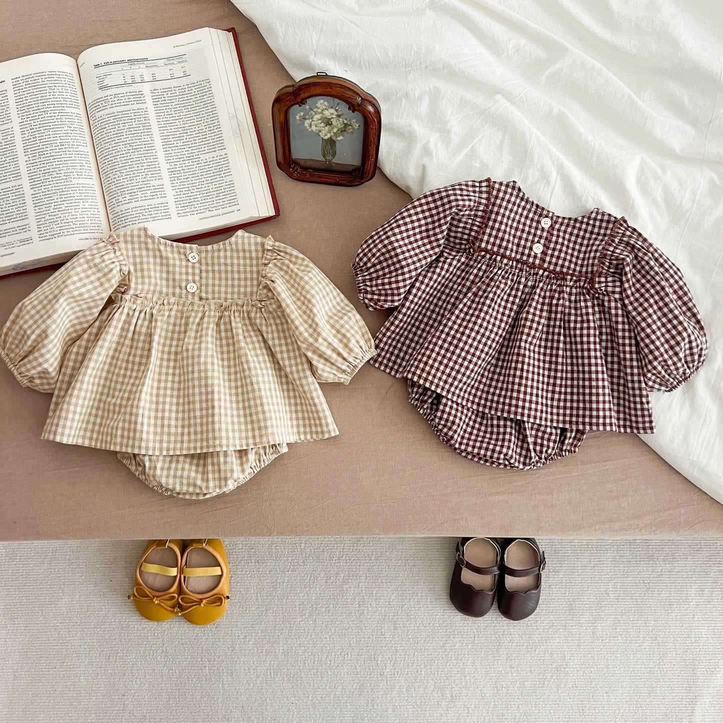 Baby Cotton Clothing Sets 0-2Yrs Autumn New Baby Girl Clothes Set Plaid Tee And Bloomer 2pcs Toddler Kids Vest + Shorts Suit