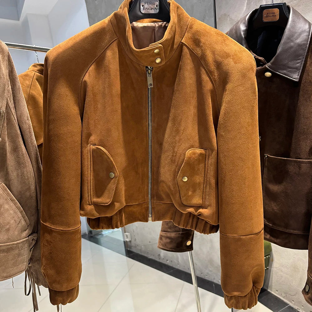 YOLOAgain Suede Leather Jacket Coat Women Real Leather Cropped Jacket Bomber Jacket 2025 Autumn