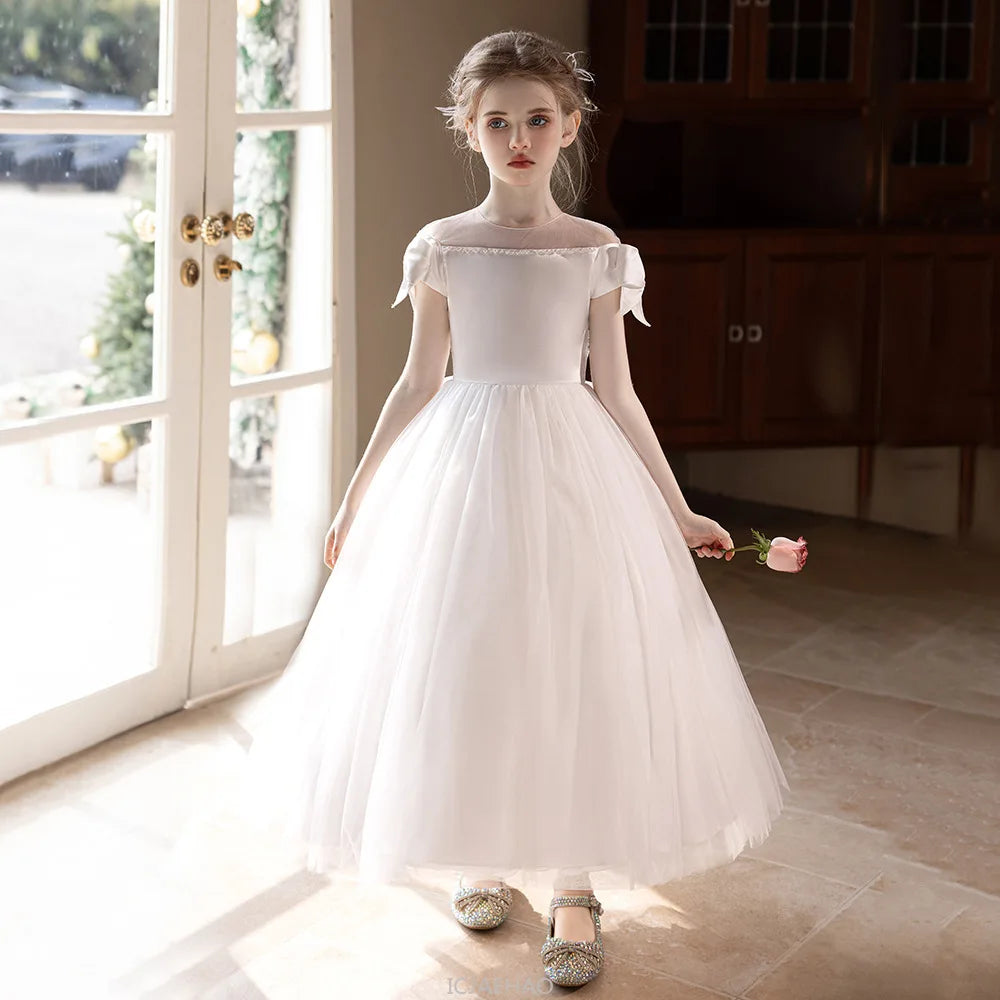 Wed Dress 2025 White Teen Girls Wedding Dress Tulle Ball Gown Big Bow Bridesmaid Dresses Formal Evening Gown Party Wear Costume