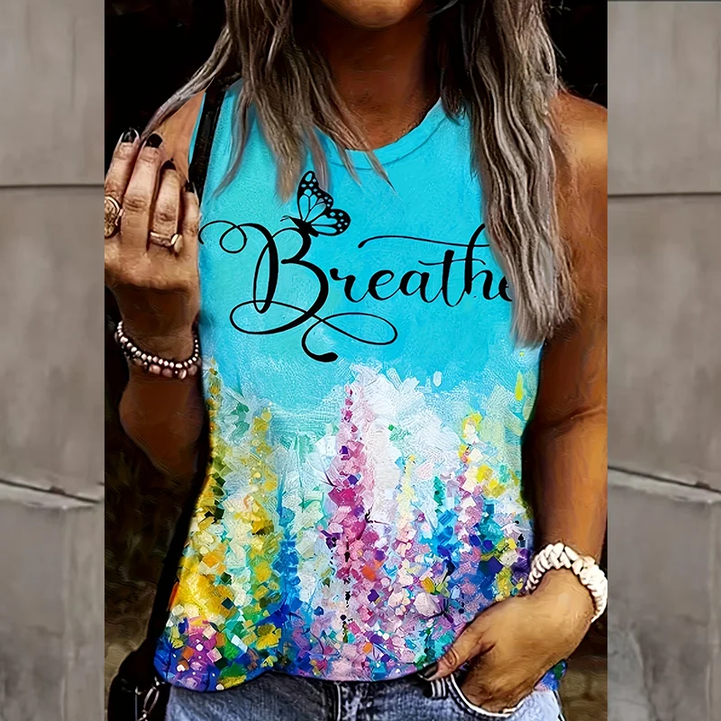 Women's Summer Elegant Floral Print Round Neck Tank Top Suitable for Daily Work, Casual Vacation