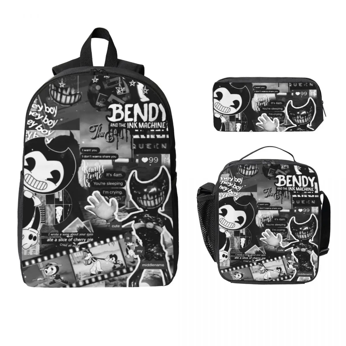 3Pcs Bendys And The Dark School bags Set for Boy Girl Pen Bags Backpack Sets with Lunch Box For School Students Knapsack