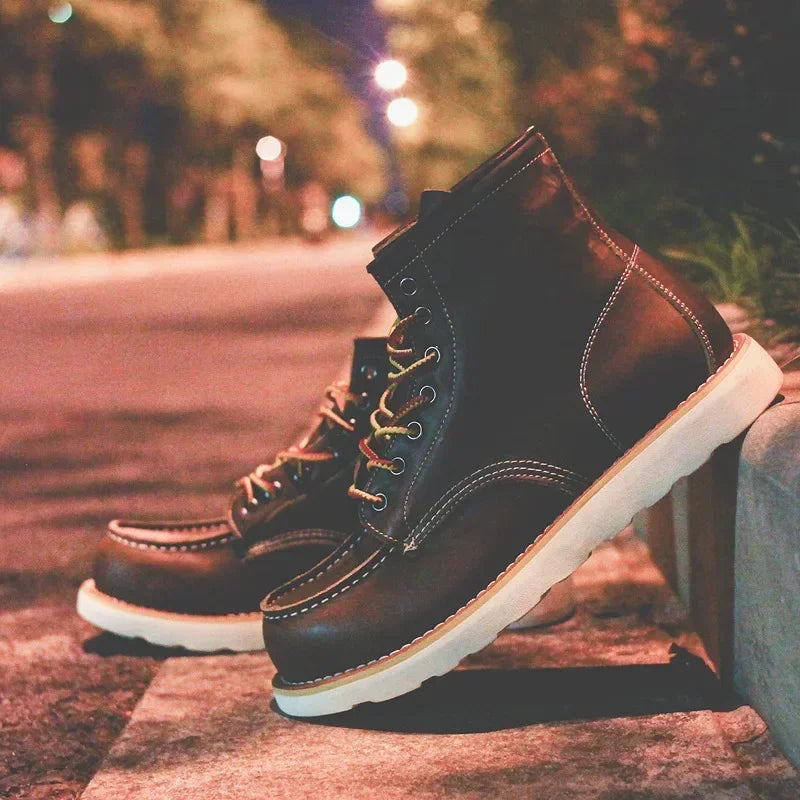 Genuine Leather Men's Boots Vintage Tooling Boots Man Short Boot Rhubarb Boots Men's High Top Men's Shoes Leather