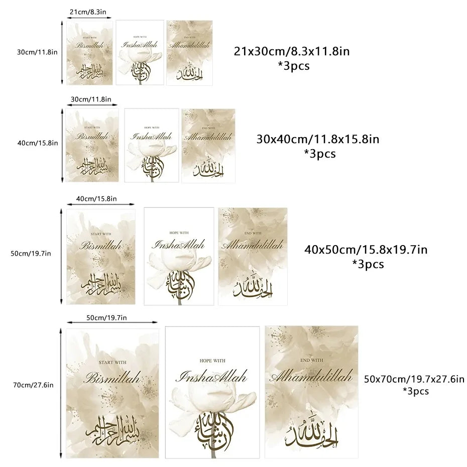 3PCS Islamic Calligraphy Bismillah Beige Floral Posters Canvas Painting Wall Art Pictures Living Room Interior Home Decoration