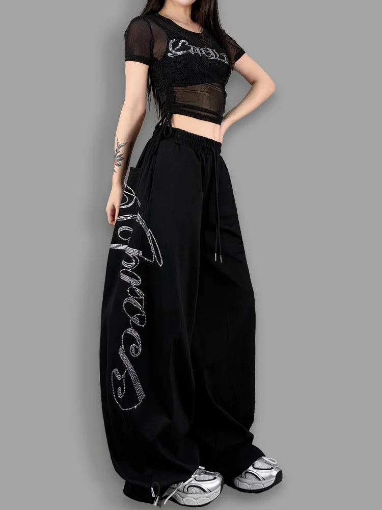 ROKBBK-K Glitter High Waist Wide Leg Pants Women's Street Dance Casual Loose Fashion Cotton Drill Lettering Trousers