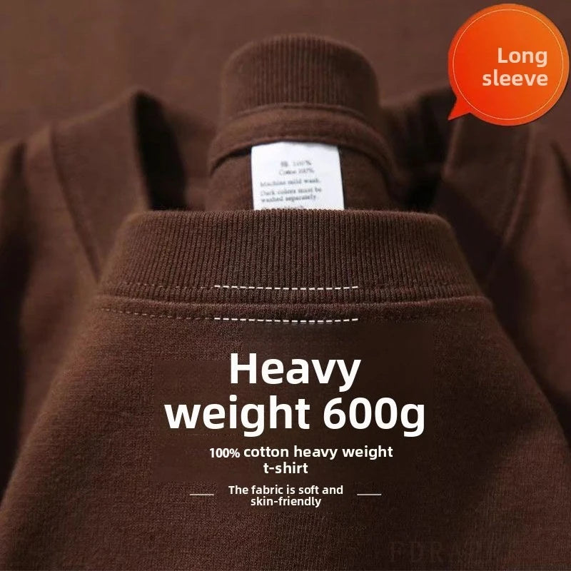600G/㎡ Long-sleeved T-shirt Men's American Bundle Bottoming Shirt with Small Neckline Loose Pure Cotton Green Autumn Top Men's
