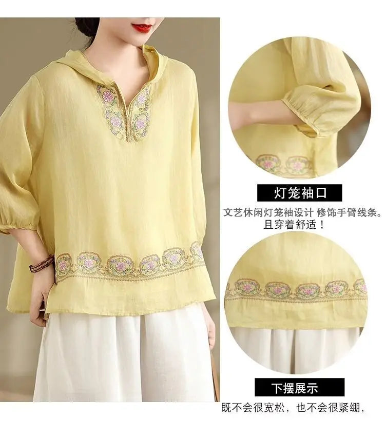 Summer New Embroidered T-shirt Casual Versatile Seven Sleeve Temperament Hoodie Lightweight Hoodie Top for Women