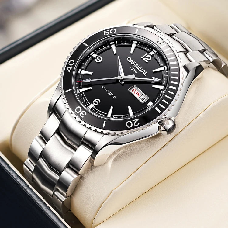 I&W Men Automatic Watch 41mm Mechanical Wristwatch 50M Waterproof Luminous Sapphire Mirror Dual Calendar Week Date