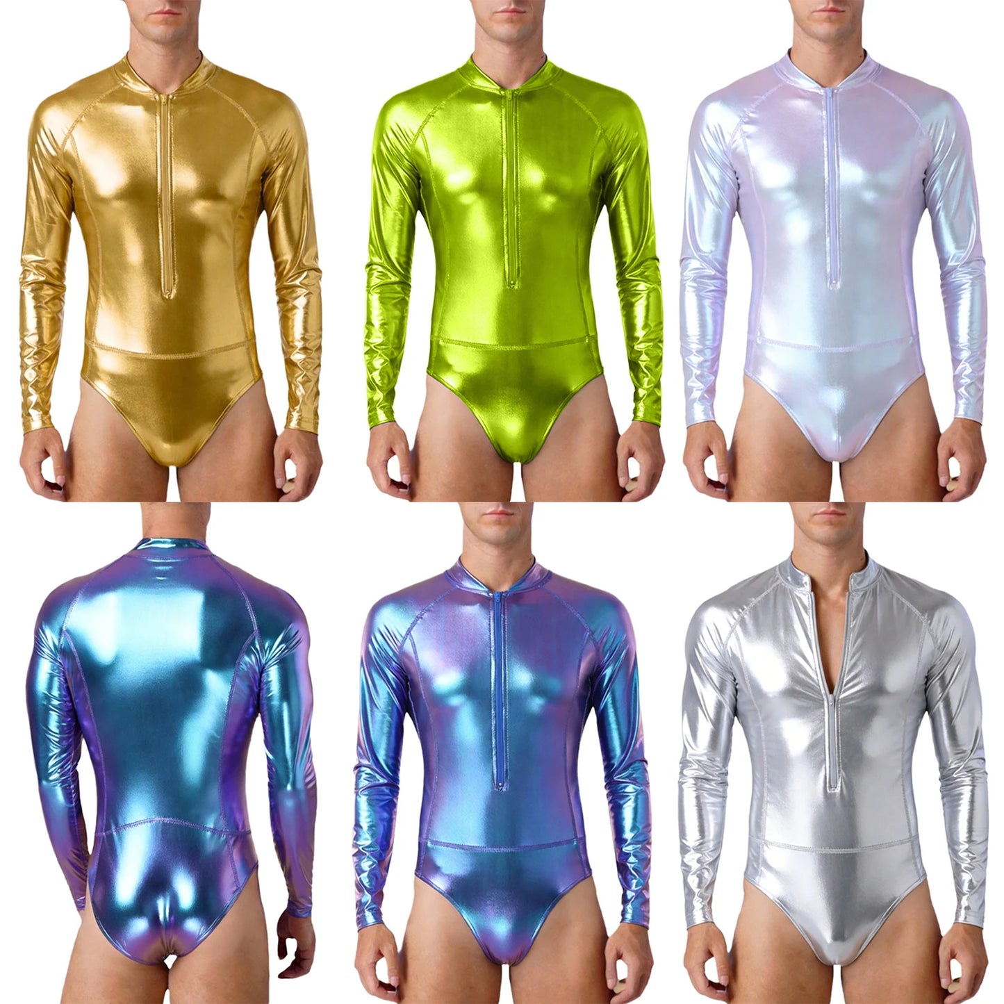 Mens Bathing Suits Swimsuits Metallic Shiny Bodysuit Long Sleeve One-piece for Nightclub Jazz Dance Beach Gymnastics Leotard