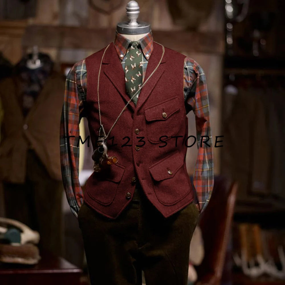 Woolen Vests for Men  V-neck Single-breasted Retro Fashion Suit Vest for Men Formal Male Clothes Cufflinks to Man Wang  Vests
