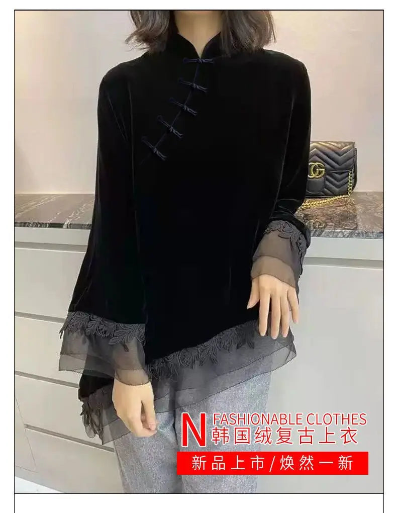 Retro Black Velvet Qipao Top New Chinese Style Stand Up Collar Button Down Bottom Shirt for Women