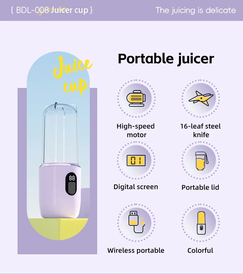 Portable Blender USB Rechargeable Cordless Mini Juicer Mixer for Smoothie Shake Protein Travel Sports Bottle Juicer Cup