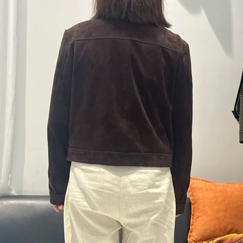 Winter Woman Clothing Old Money Style Retro Chocolate Brown Kid Suede Genuine Leather Jacket Streetwear Collar Slim Short Coat
