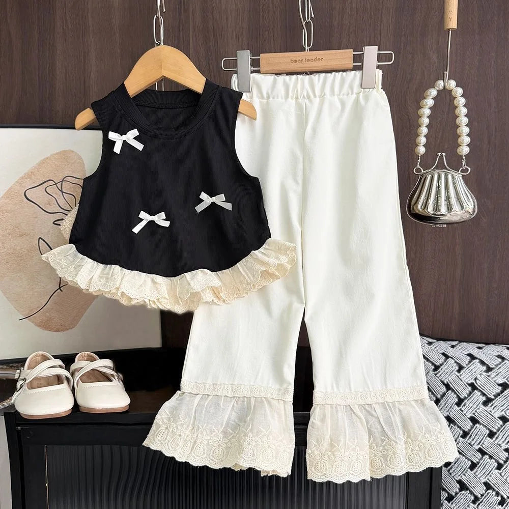 Baby Summer Clothes ,Children's Clothing Set Bow Black Sleeveless Vest Top+Pants Two-Piece Outfit Suits Casual Girls Clothes