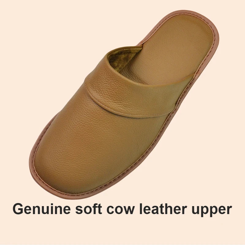 Genuine Cow Leather Slippers Homes in indoor slipper Spring Autumn summer men women elderly non-slip casual single Slides shoes