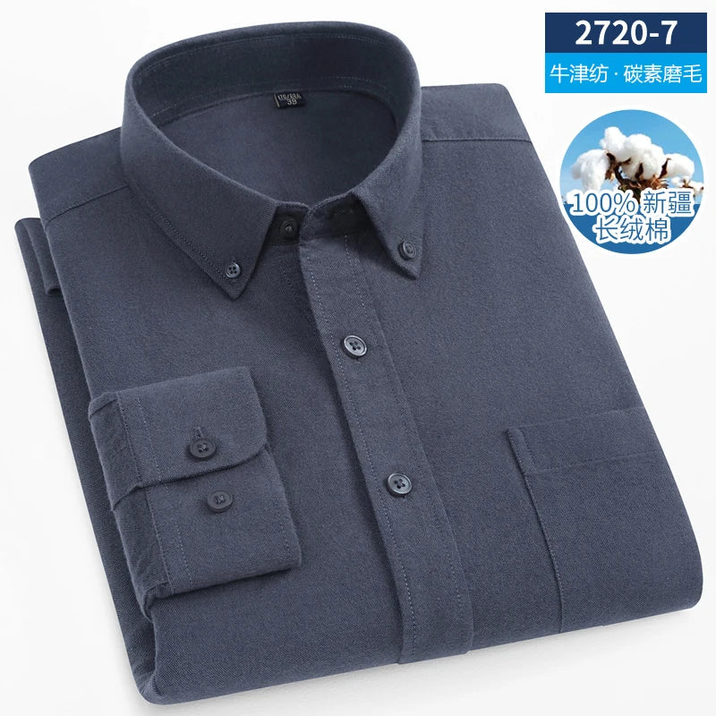 New Men Pure Cotton Flannel Soft Regular-fit Long Sleeve Brushed Shirt Single Pocket Comfortable Casual Solid Color Shirts S-5XL