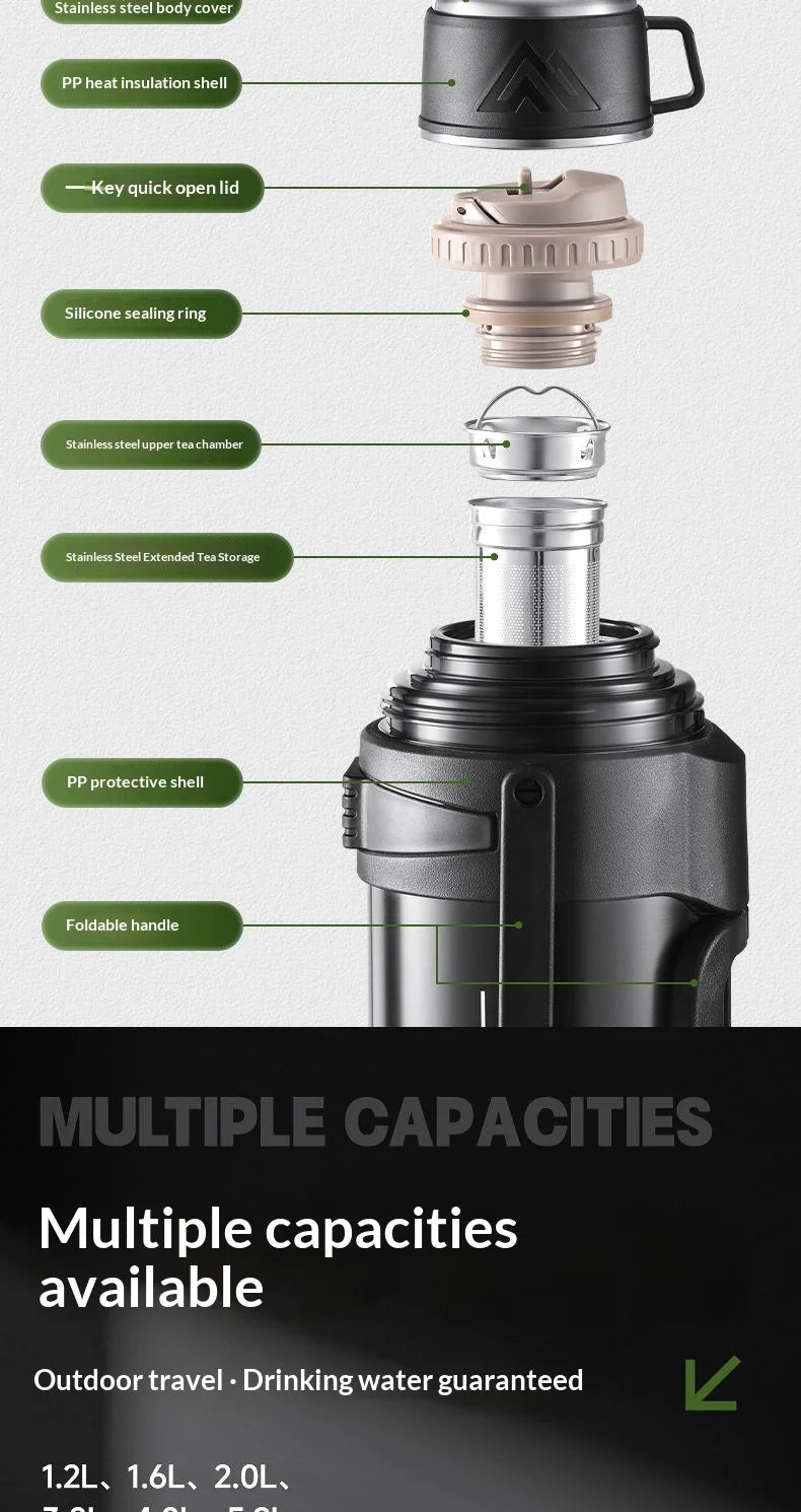Double Wall Vacuum Insulated Water Bottle 1L 316 Stainless Steel Large Capacity with Handle Leak Proof for Car Outdoor Gym