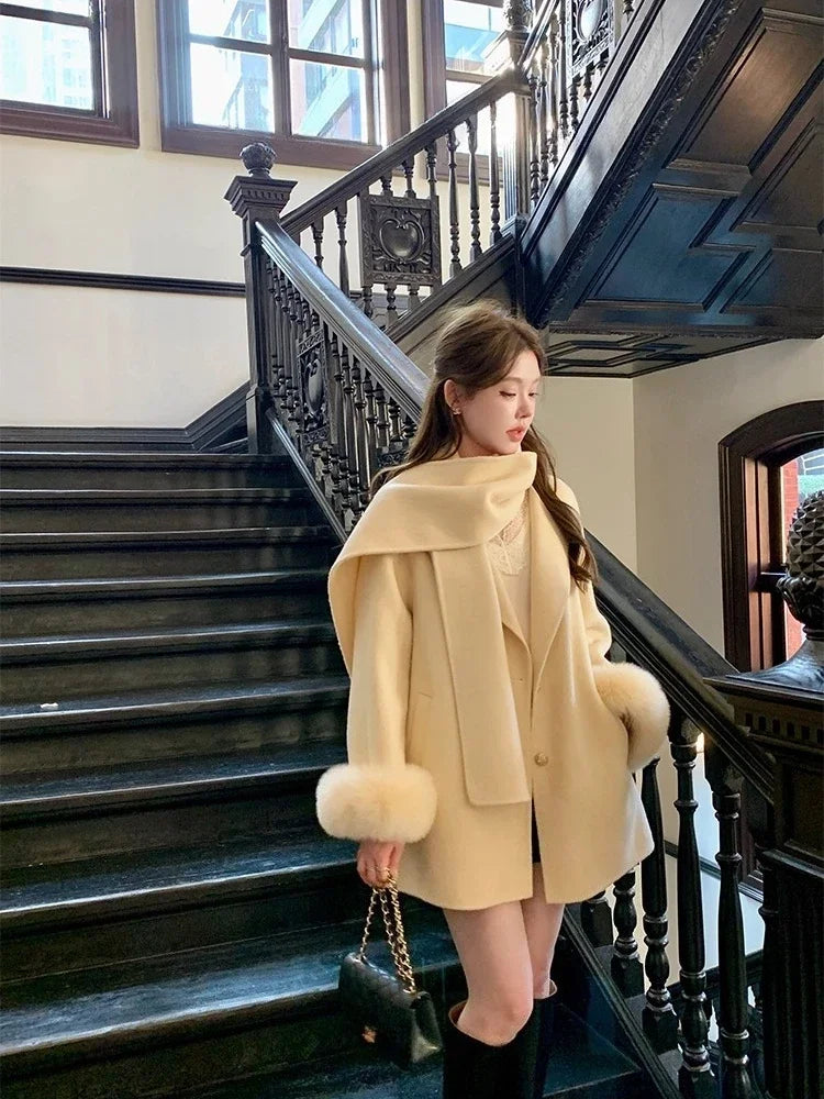 Elegant Wool Coat Warm Women Double Faced Luxury Real Fox Fur Sleeves 100 Wool Scarf Autumn Winter 2025 New Fashion Trench Coat