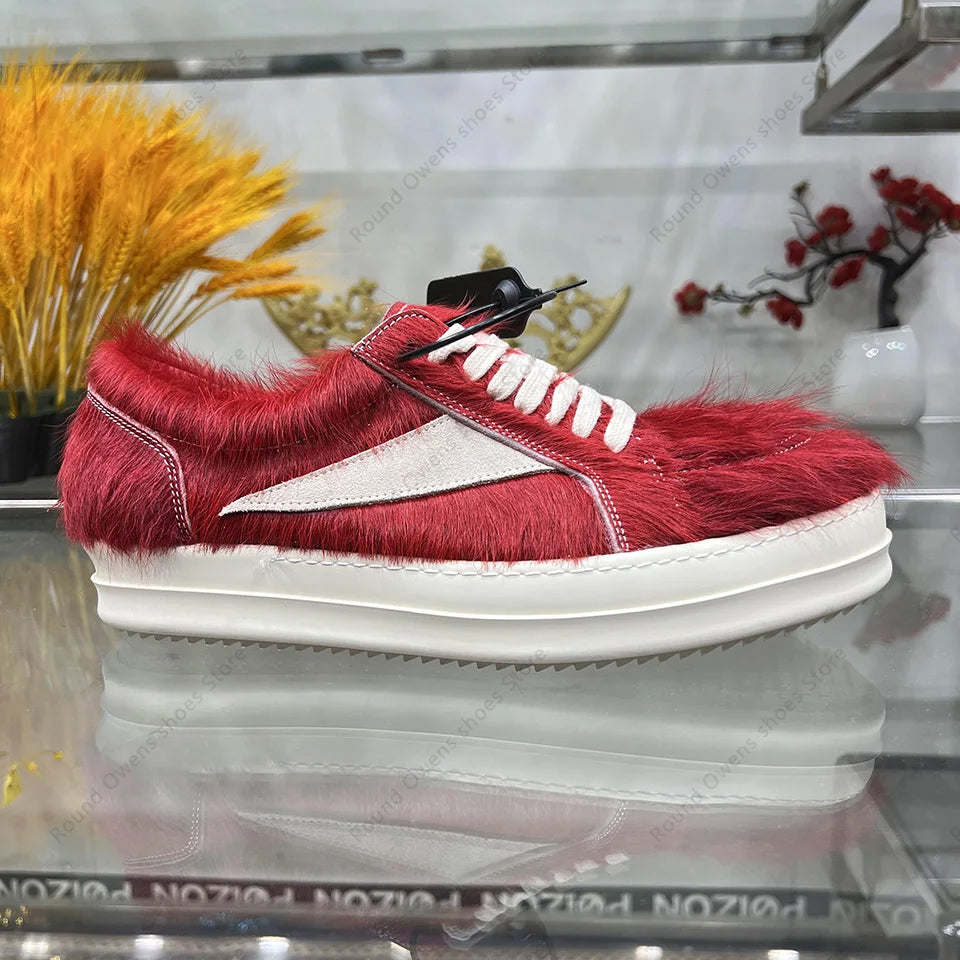 24ss New Horse Hair Low Top Quality Casual Shoes Dark Red Men Genuine Leather Thick Sole Lace Up Luxury Sports Ro Women Sneakers