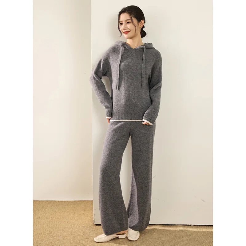 Autumn And Winter New 100 Pure Wool Suit Women Hooded Sweater Wide-Leg Pants Casual Knitting Two-Piece Suit