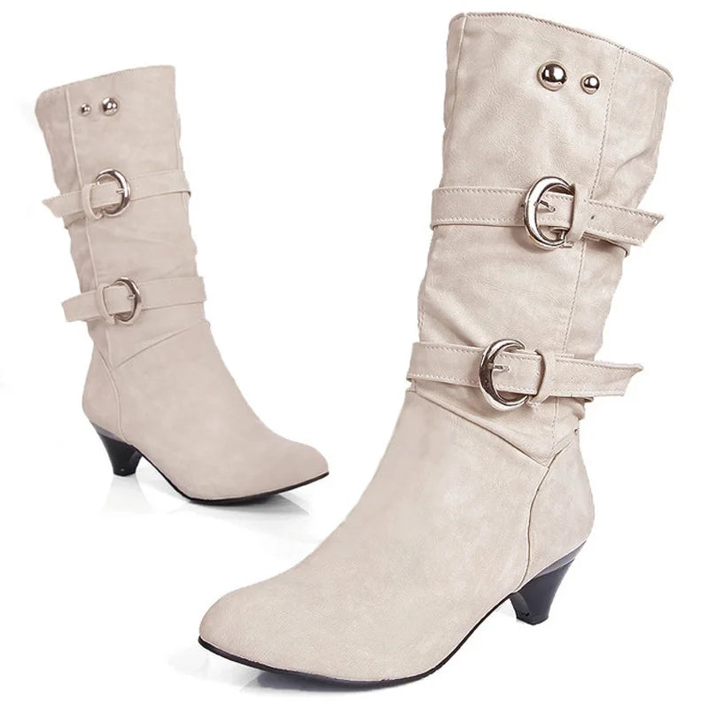 2026 New Fashion Women Boots Chunky Heeled Casual Round Toe Woman Shoes Autumn Winter Mid-Calf Boots Women with Buckle  WSH3476