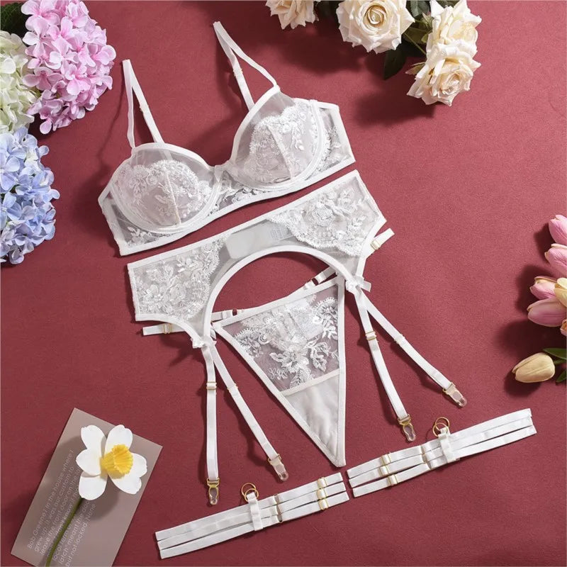 Lingerie Set Women Lace Bra Panty Garter Straps Sexy Underwear Transparent Mesh Intimate Wear Elegant Nightwear Bedroom Outfit