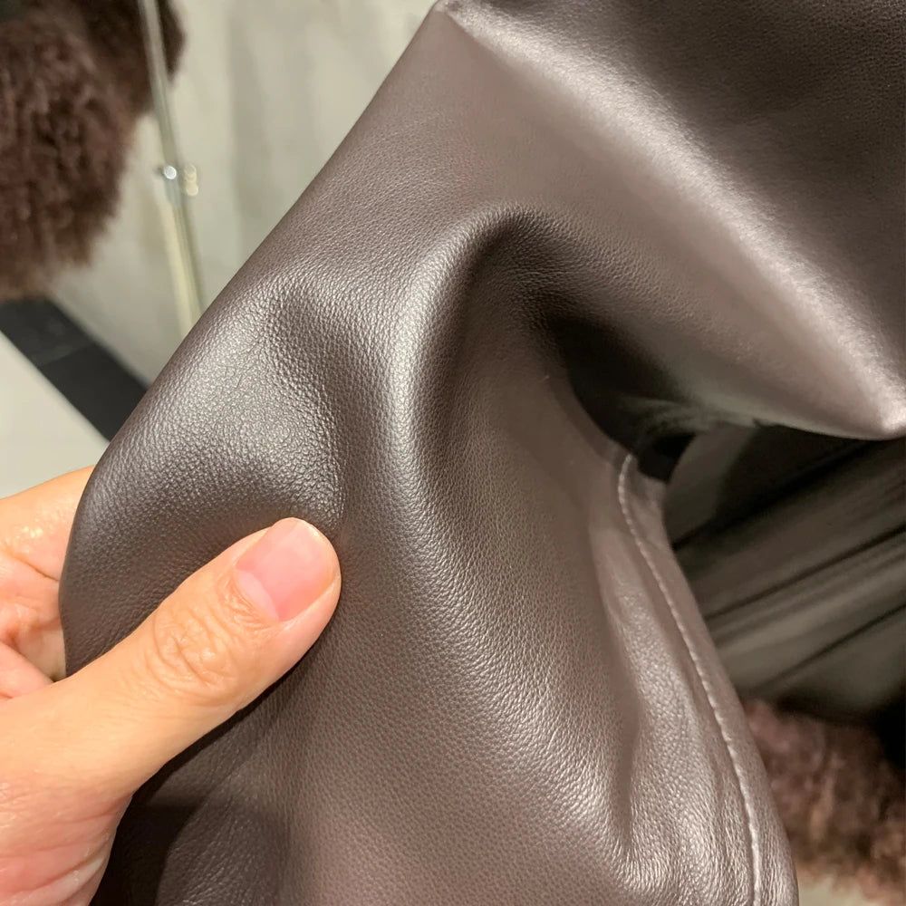 Sheep Collar Coats Women Winter Luxury Mongolian Fur Leather Jackets with Long Sleeve 7251