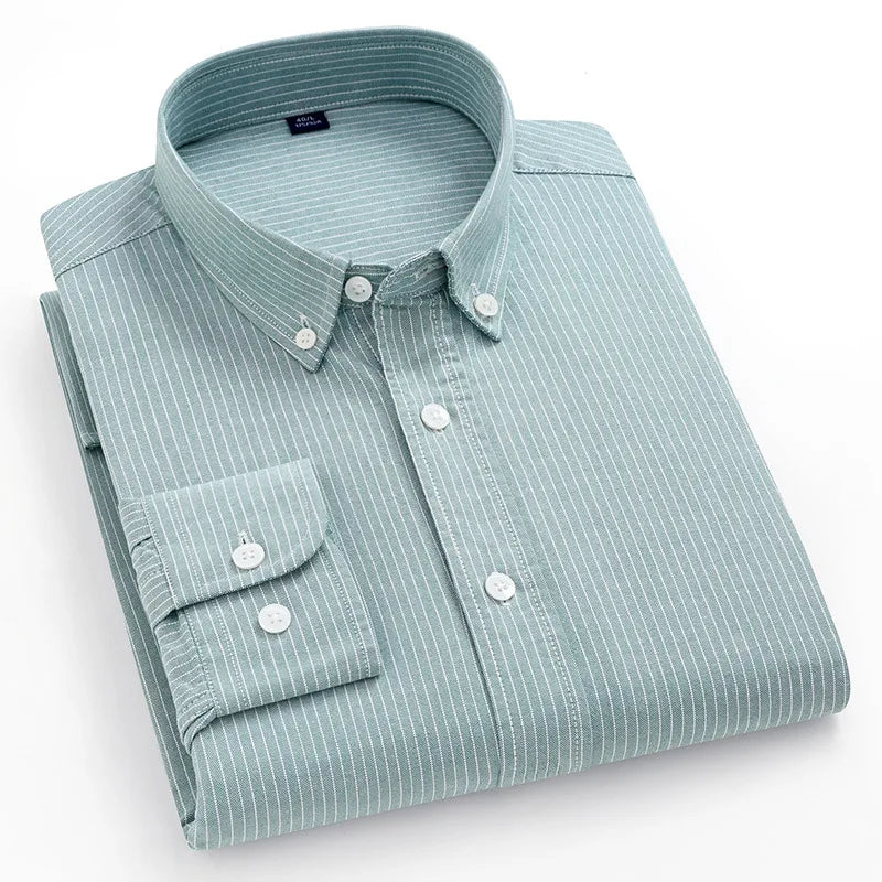 Men's 100% Cotton Oxford Shirt - Breathable Vertical Stripe Slim Fit with  Wrinkle-Resistant Long Sleeve for Business Casual