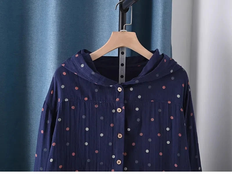2025 Middle-aged women's clothing 100% cotton yarn hoodies polka dot print shirts long sleeve blouses for women hooded tops