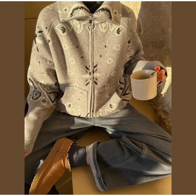 Jacquard Knitted Women's Cardigan Sweater Fashion Zipper Loose Pocket Casual Lady Sweaters 2026 Spring Street Long Sleeve Top