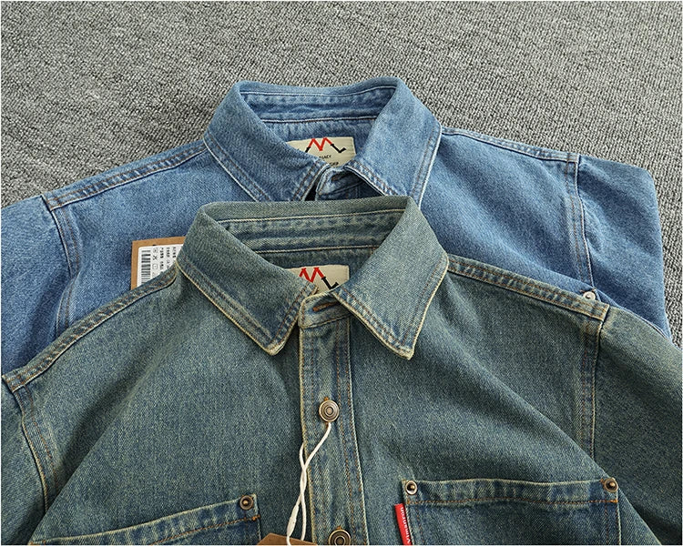 Spring Autumn New American Retro Long-Sleeve Lapel Solid Color Denim Shirt Men's Fashion 100% Cotton Washed Old Casual Blouses