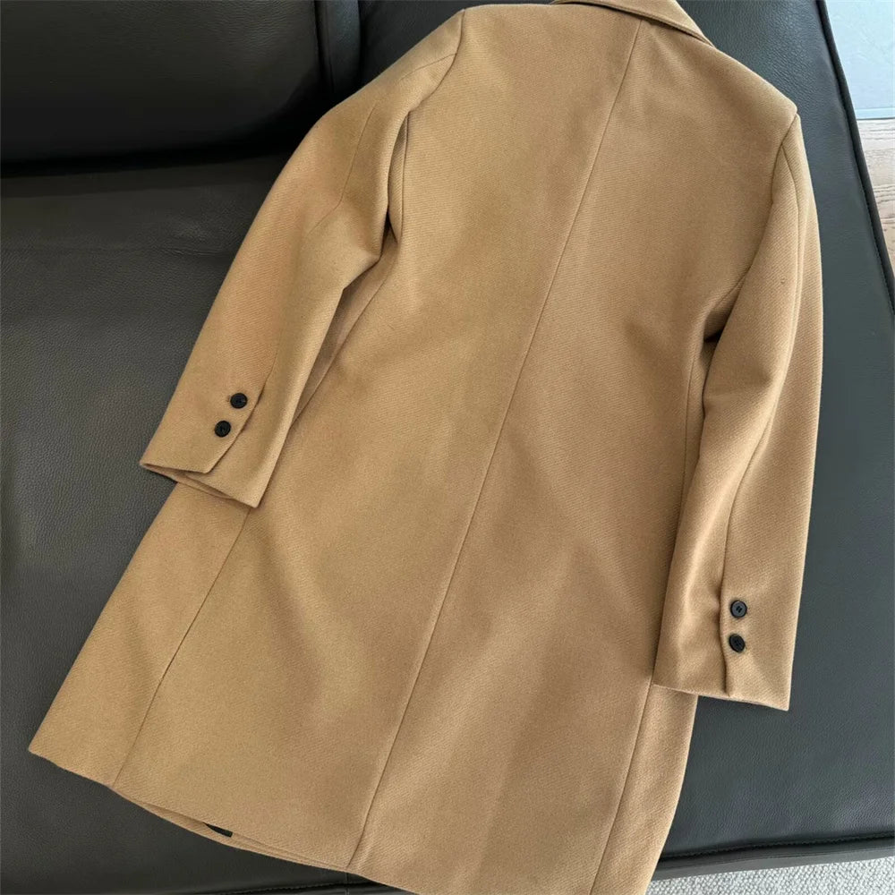 women's suit collar double breasted woolen medium long coat winter new fashion solid color long sleeved coat