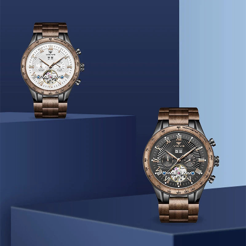 VICVS Walnut Men's Mechanical Watch for Him, Wooden Watches, Best Man Watches, Boyfriend Gifts, Dad Gifts Mechanical Watches
