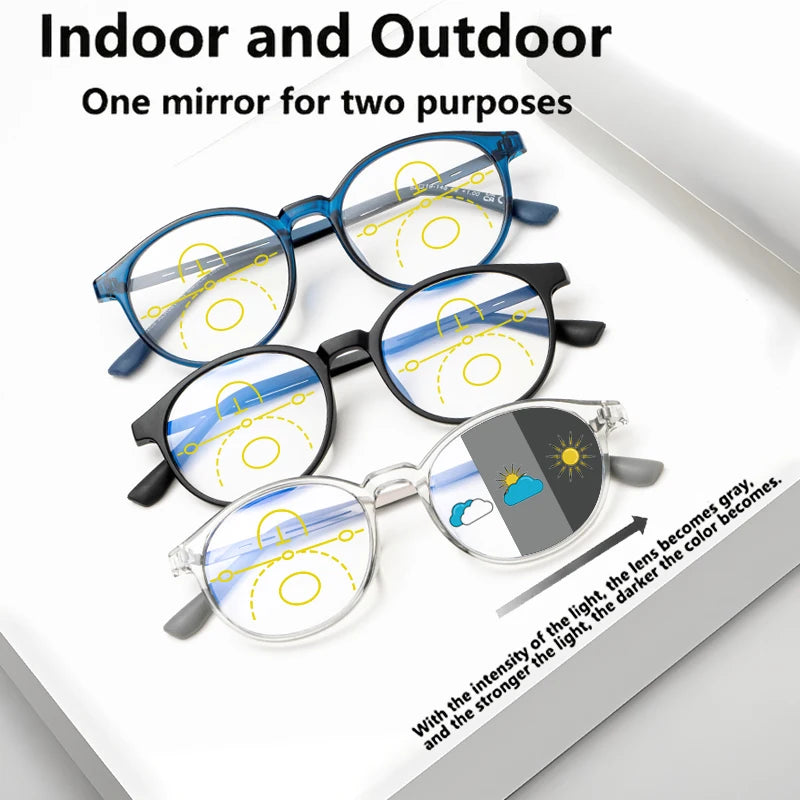 Progressive Multifocal Reading Glasses, Photochromic, Clear Vision, Round Frame, Lightweight to Wear, Stylish Appearance Suitable for Both Men and Women