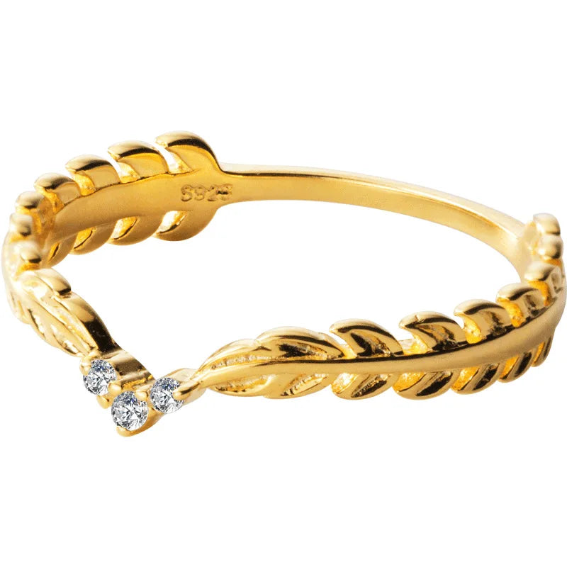 Sterling Silver 925 Gold Ring Silver Female Simple Leaf Fine Jewelry Crystals New Arrivals Thailand Mom Ring