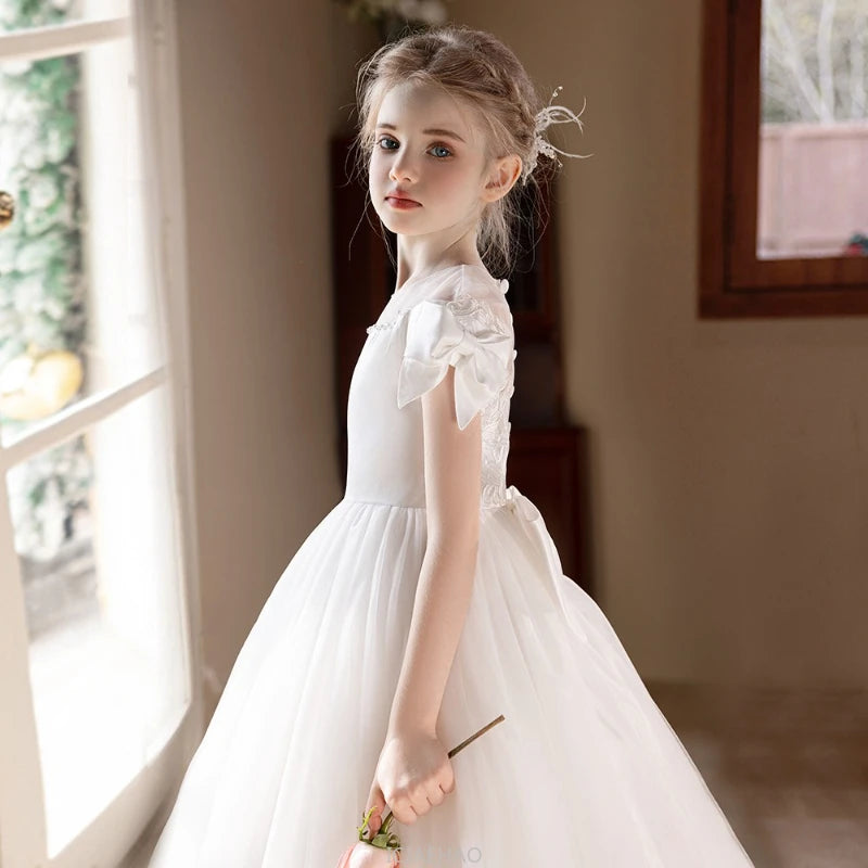 Wed Dress 2025 White Teen Girls Wedding Dress Tulle Ball Gown Big Bow Bridesmaid Dresses Formal Evening Gown Party Wear Costume
