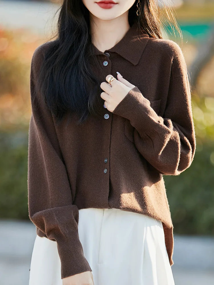 POLO Collar Wool Sweater 100 Pure Wool Spring And Autumn New Knitted Women Loose And Slimming Cardigan ZA682