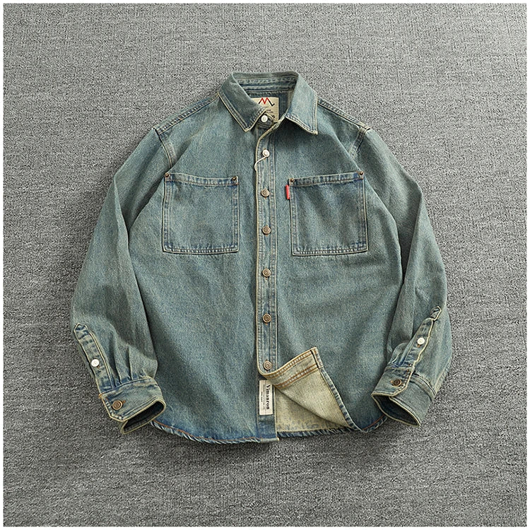 Spring Autumn New American Retro Long-Sleeve Lapel Solid Color Denim Shirt Men's Fashion 100% Cotton Washed Old Casual Blouses