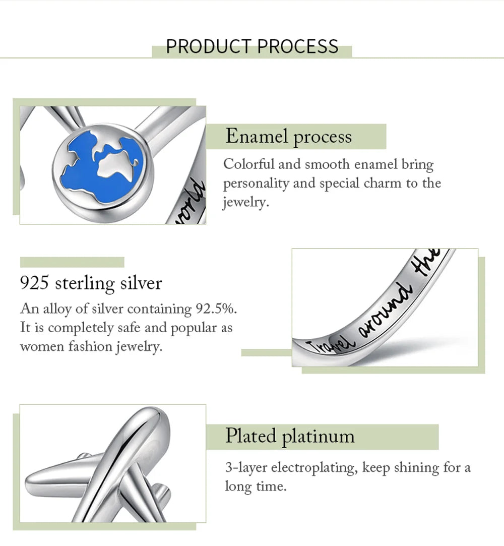925-Sterling-Silver Adjustable Open Airplane Rings Engraved "Travel Around the Word"Engagement Ring Gifts for Women Teen Girls