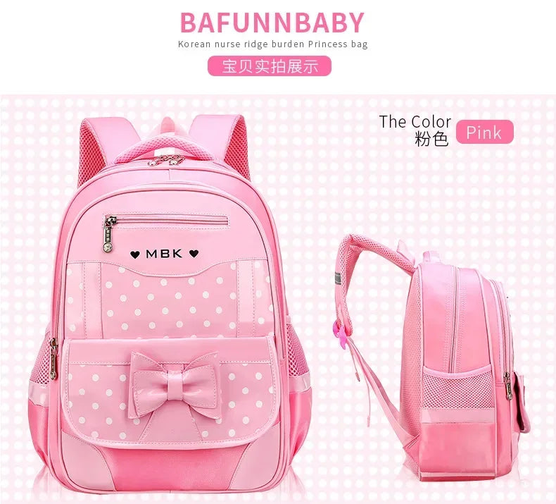 Lightweight School Backpack for Girls Kids Ages 6-12, Cute Polka Dot Bow Elementary Bookbag with Ergonomic Padded Straps